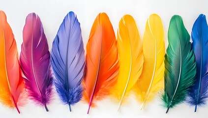 Vibrant multicolored feathers arranged in a bright decorative row.
