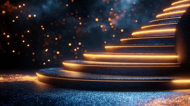 Glowing golden stairs illuminated by soft light in a mystical setting with sparkling particles