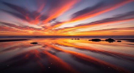 Vibrant orange and red clouds stretch across the sky during a dramatic ocean sunset reflected on wet sand