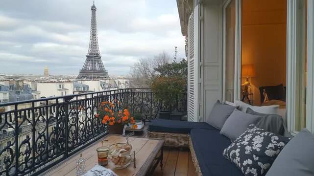 Cozy balcony with Eiffel Tower view in Paris during a cloudy afternoon