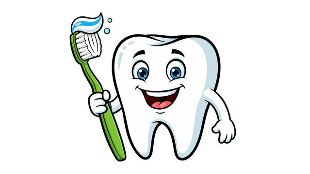 Smiling Cartoon Tooth Character Holding a Green Toothbrush With Blue and White Toothpaste Isolated on Black Background