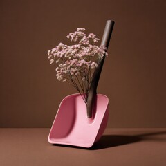 Pink dustpan holds delicate pink flowers, rustic brown background, shadow