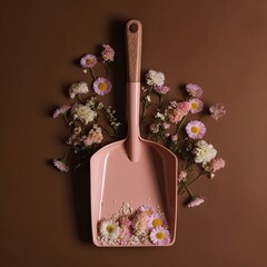 Pink trowel with light flowers on brown