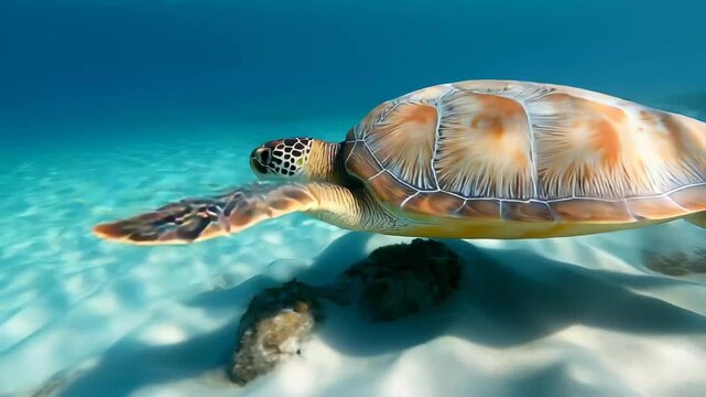 Green sea turtle gracefully swimming underwater in clear blue ocean waters during a sunny day
