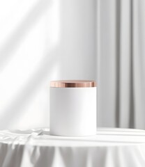 White cylindrical podium topped with a sleek rose gold metal lid.