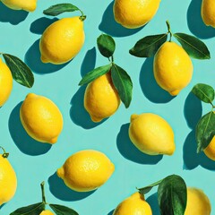 Vibrant lemons with leaves scattered on a light blue backdrop