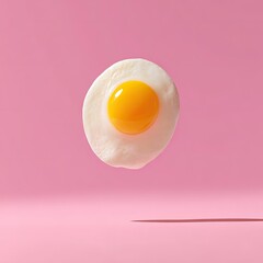 Sunny-side up egg floating in air against a pink background with shadow