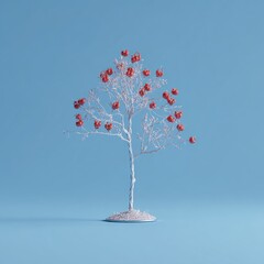 White tree with red ornaments against a light blue background