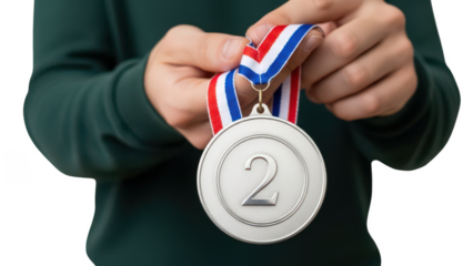 Silver second place medal in hand on transparent background
