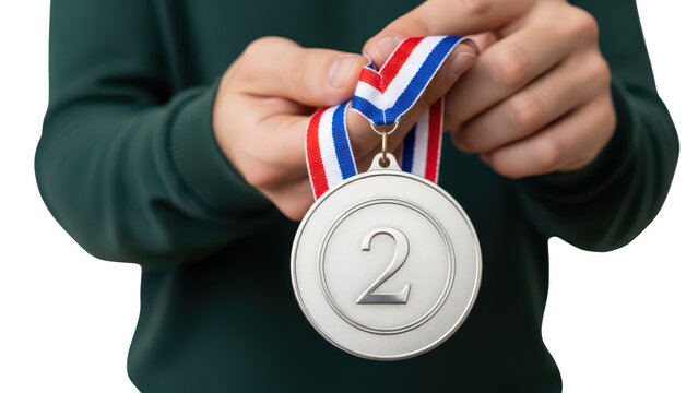 Silver second place medal in hand on transparent background
