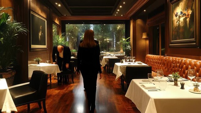 Elegant dining setting in a luxurious restaurant featuring wooden floors and natural light