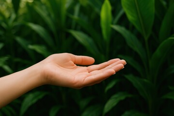 Embracing Nature's Embrace: An open hand extends towards a lush backdrop of vibrant green leaves, symbolizing a connection with nature, and a moment of peaceful interaction.