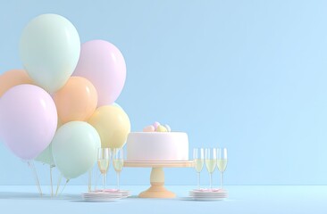 Pastel birthday party balloons, cake, champagne on soft blue backdrop