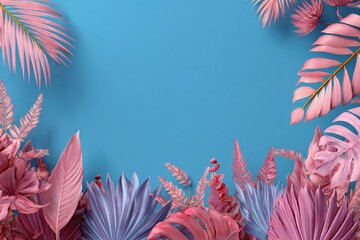 Pink-toned tropical leaves frame a vibrant turquoise background
