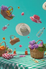 Whimsical picnic floating hats, flowers, drinks on a green checkered cloth