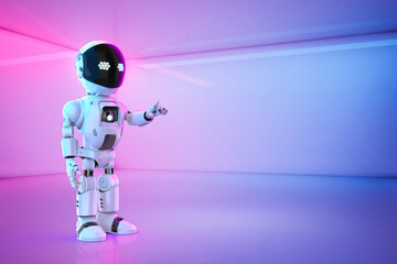 Cute and small artificial intelligence personal assistant robot finger point isolated