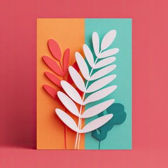 Paper cutout art with bright colors, botanical theme, layered design, flat lay