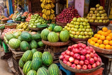 Colorful display of fresh fruits and vegetables in a bustling grocery market in India during the daytime