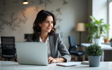Middle age European business woman CEO using laptop application for work at table workspace in office. Smiling Latin Hispanic mature adult professional businesswoman using pc digital computer. Banner