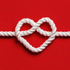 White rope heart knot centered on bright red textured background, romantic love