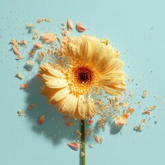 Exploding yellow flower with scattered petals on light blue background