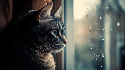 A grey tabby cat with green eyes looks out a window at the rain falling outside.