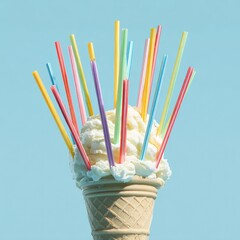 Waffle cone of white ice cream topped with colorful drinking straws, blue sky