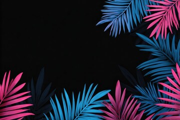 Pink & blue palm fronds frame a dark, tropical space