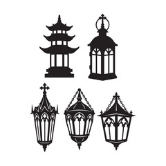 A Set of Ornamental Lanterns: Classic and Modern Lantern Icons for Elegant Outdoor Lighting Displays