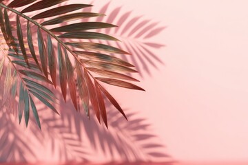 Palm frond casting shadows on a pink wall, minimalist tropical vibe