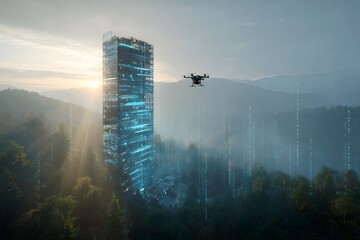 Futuristic Drone Inspecting Eco-Friendly Smart Skyscraper Surrounded by Dense Forest at Sunset