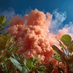 Peach smoke billows above lush green foliage under a bright blue sky