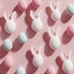 Easter pattern of pastel bunnies & eggs on pink surface, soft lighting