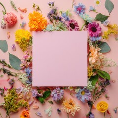 Square pink card amidst colorful floral arrangement on peachy-pink background