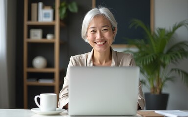 Portrait of smiling asian senior mature middle aged businesswoman using laptop working and web surfing on desk. High quality