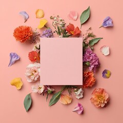 Floral frame blank square surrounded by colorful blossoms on peach backdrop