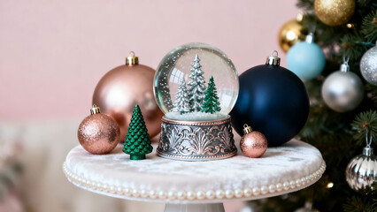 Snowglobe with christmas decoration on pink background
