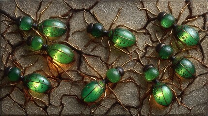 A Swarm of Emerald Beetles Crawling on a Textured Surface.