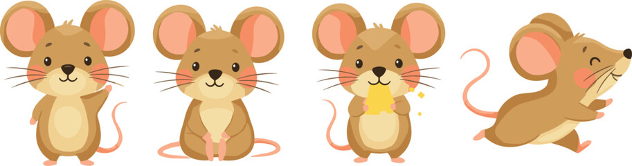 Cute cartoon little mouse character set in different poses, including standing, sitting, eating yellow cheese, and running, vector illustration perfect for children's books and fun animal themes.