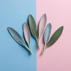 Sage leaves on pastel blue and pink backgrounds. Soft, minimal aesthetic