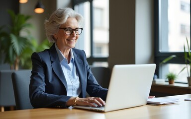 Smiling mature middle aged business woman using laptop working on computer sitting at desk. Happy old businesswoman looking away. High quality