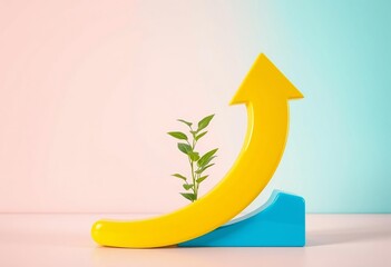 Yellow and green arrows pointing up on a 3D business graph symbolize success, growth, and a positive direction in finance