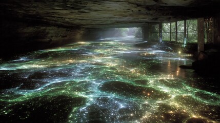 Abstract Bioluminescent River Flowing Through Dark Cave.