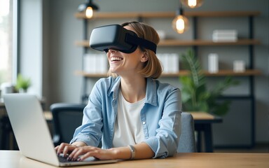 Happy businesswoman using VR headset and laptop. Cheerful middle aged businesswoman using virtual reality headset and laptop computer in modern office. Technology concept. High quality