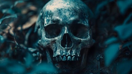 A human skull rests in a bed of lush green foliage, bathed in a moody blue light, creating a sense of mystery and the macabre.