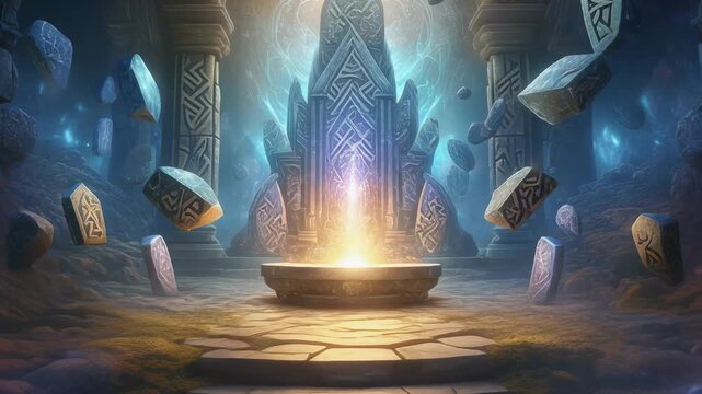 Mystical Temple with Glowing Artifact and Magical Stones