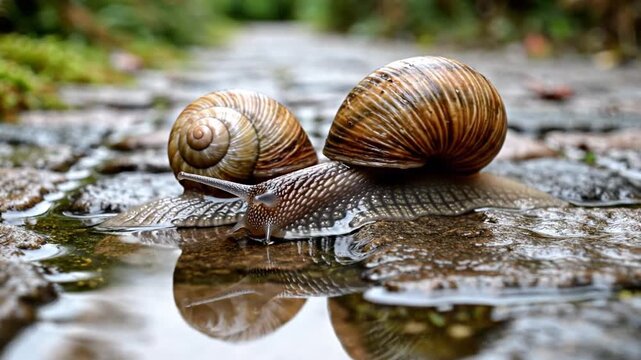 A close-up view of two snails on a wet surface, showing their shells and reflections