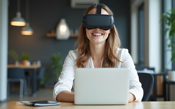 Happy businesswoman using VR headset and laptop. Cheerful middle aged businesswoman using virtual reality headset and laptop computer in modern office. Technology concept. High quality - Powered by Adobe