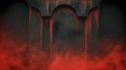 Dark gothic archway illustration with eerie red smoke rising from below creating a terrifying and ominous atmosphere