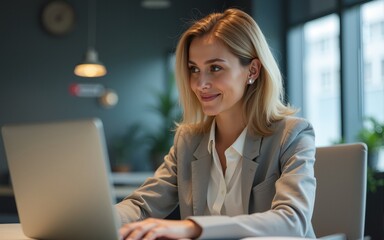 Busy mature middle aged professional business woman executive, female bank manager or entrepreneur looking at laptop computer in corporate office working sitting at desk. Authentic candid shot.